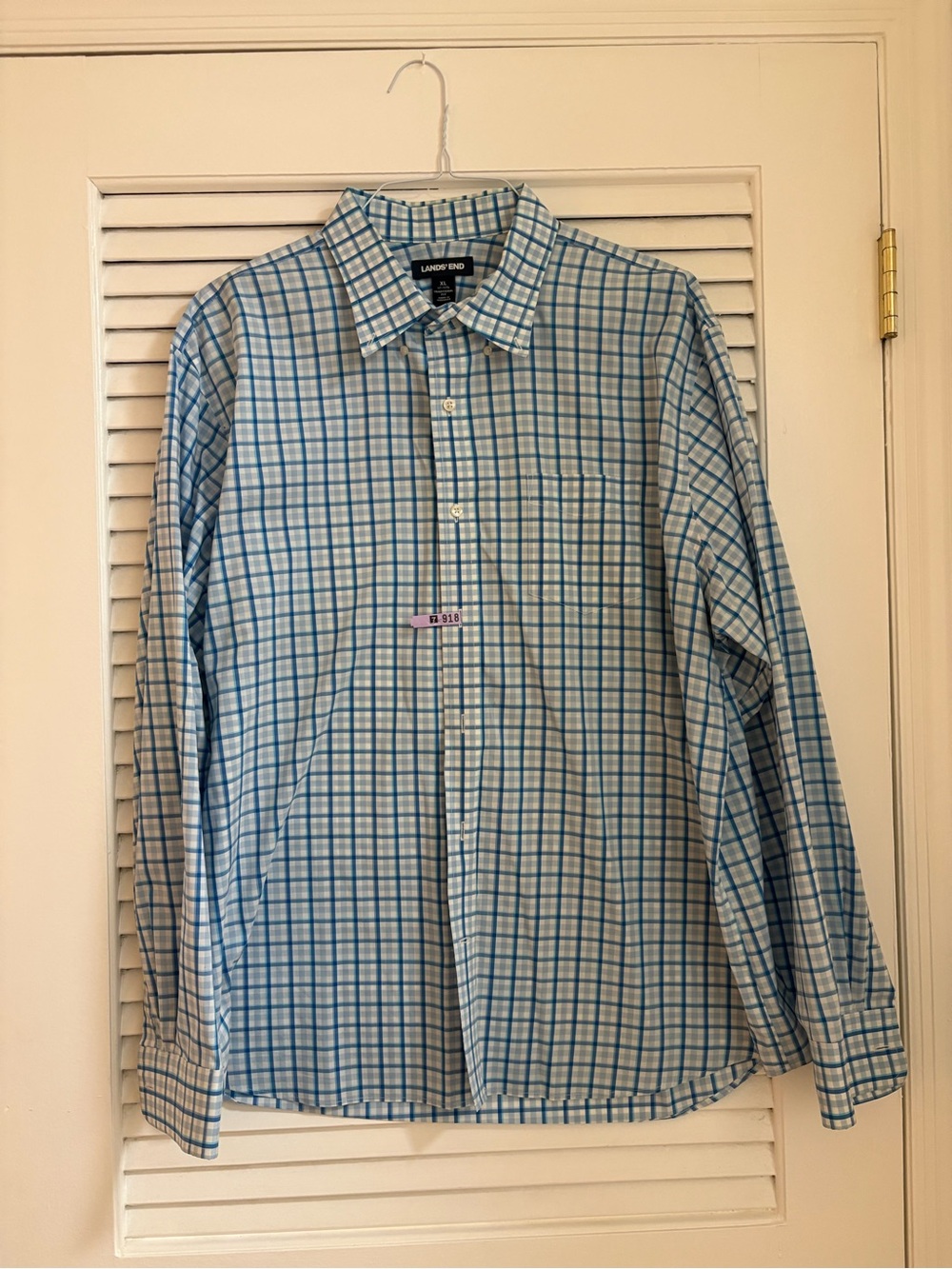 Lands’ End Light Blue & White Plaid Button-Down Shirt – Men’s Size 17–17.5